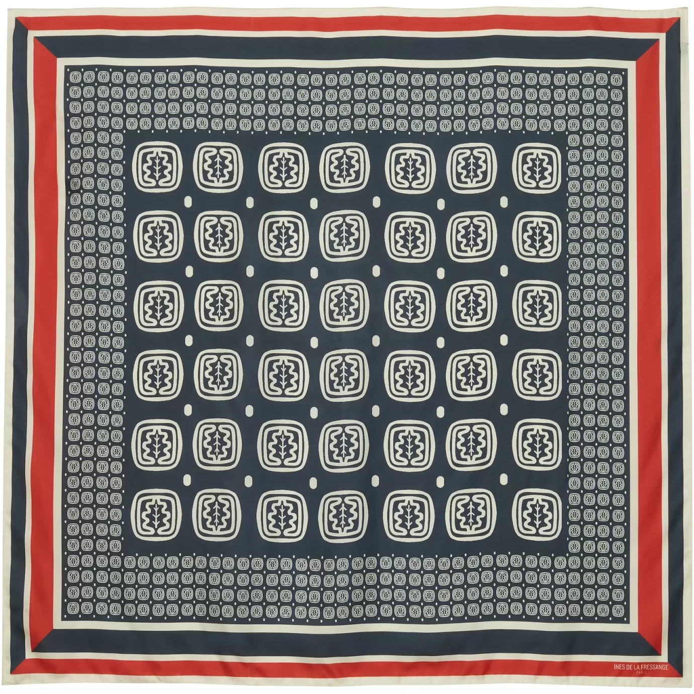 Ines De La Fressange Paris Foulard Lewis en soie, motif feuille de chêne bleu-ardoise et rouge