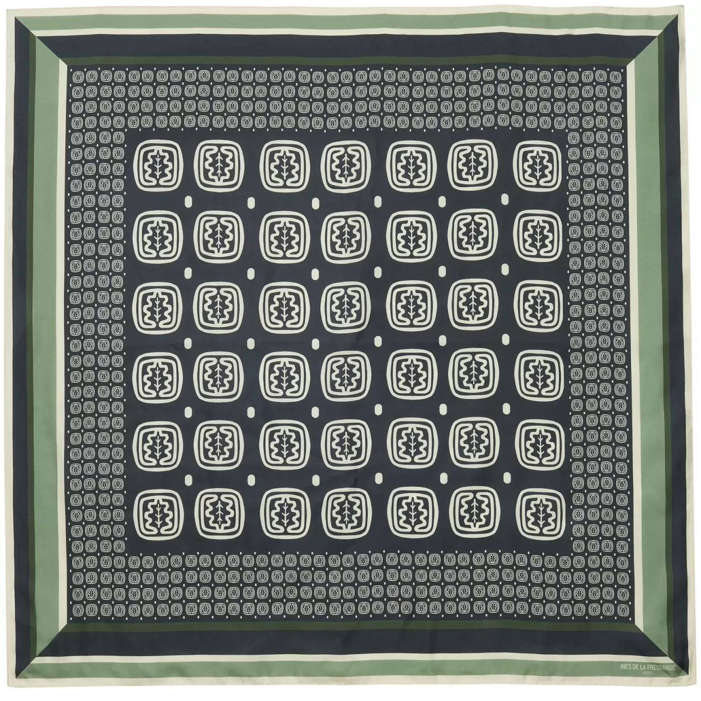 Ines De La Fressange Paris Foulard Lewis en soie, motif feuille de chêne bleu-ardoise et vert